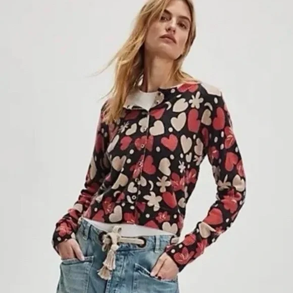 NWT!! FREE PEOPLE Nocturnal Patterned Cardi Black Retro Combo Hearts Floral XS - Picture 5 of 16